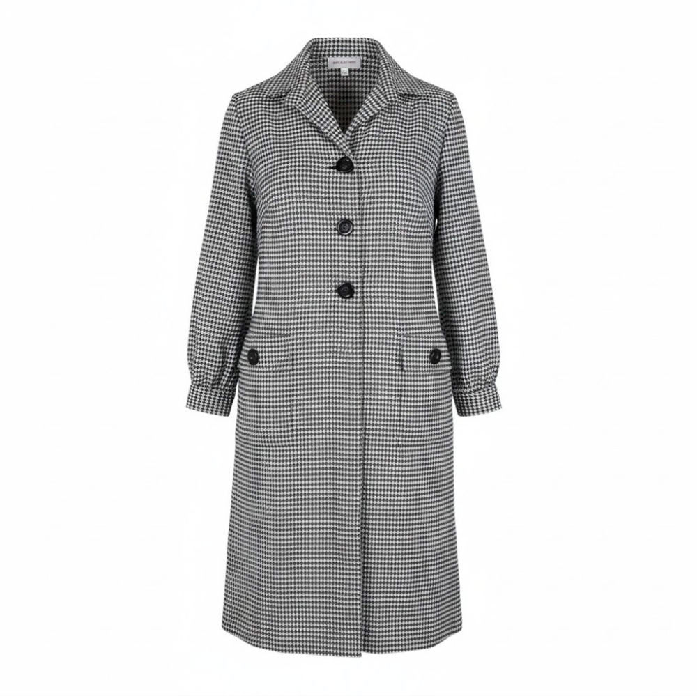 Talbots Coat Jacket Size 8 Black White Houndstooth Side Slits Pullover Pockets